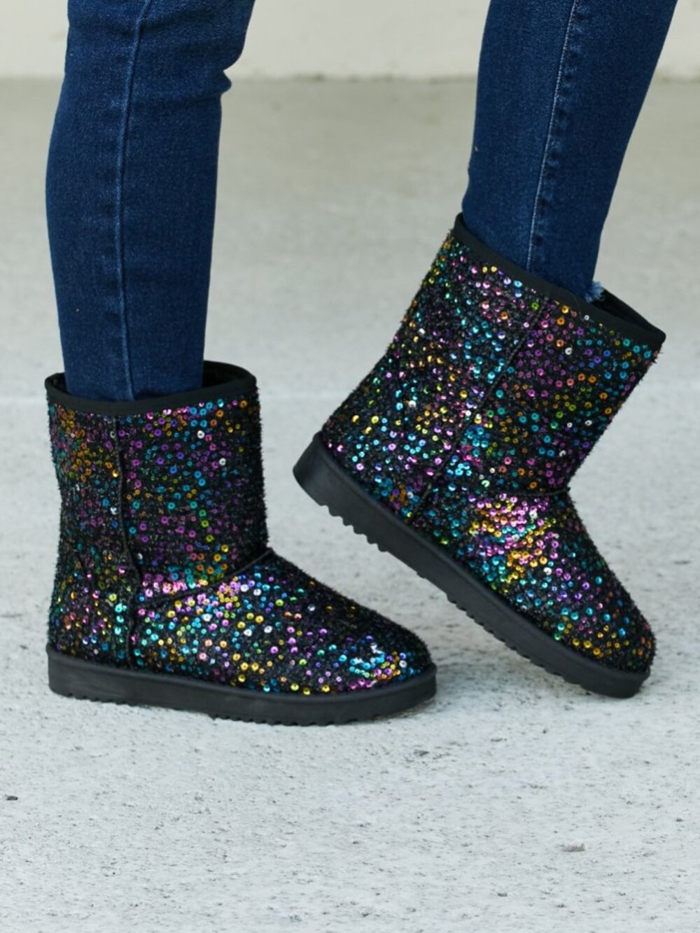 Black Sequin Faux Fur Winter Boots | Cozy Flat Snow Booties